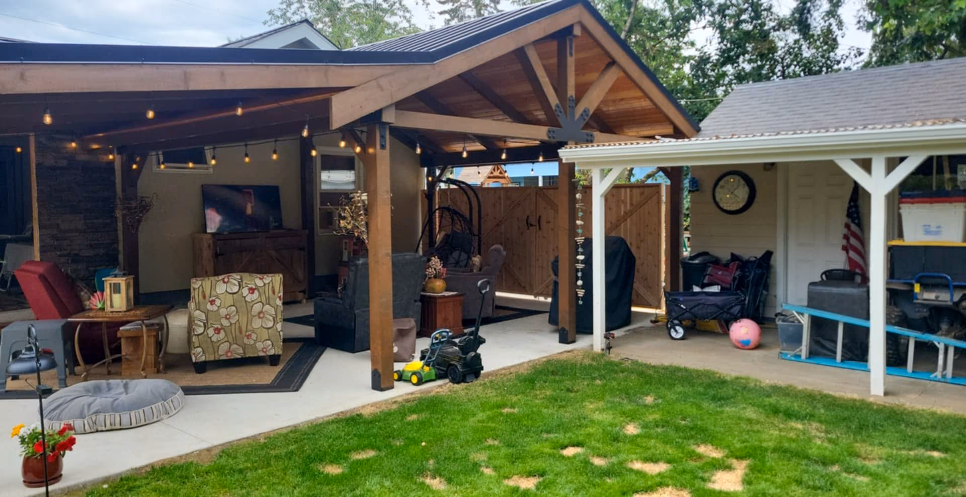 Outdoor furniture under a patio shelter